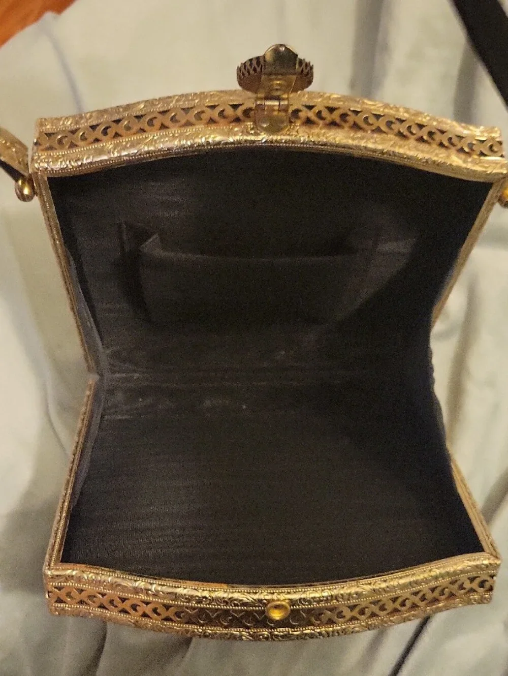 Vintage-Inspired Black Satin Handbag with Gold Trim